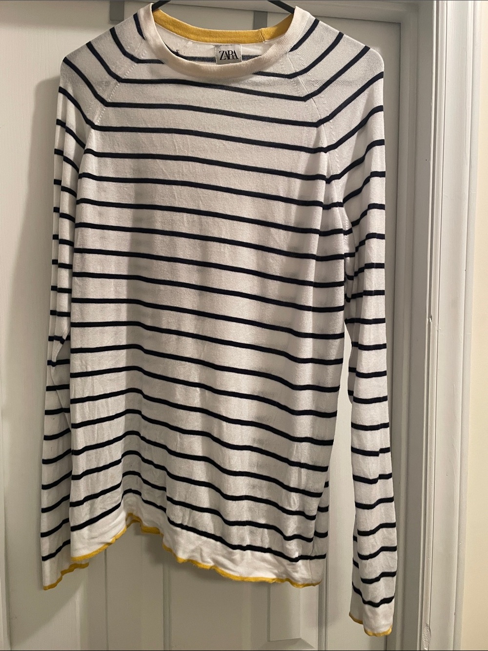 Zara White and Black Striped Long Sleeve Top with Yellow Trim
